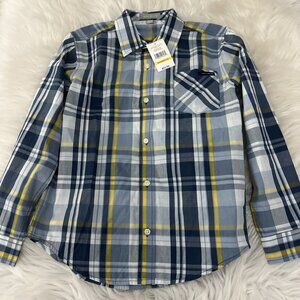 Lucky Brand boys Faded Denim blue yellow plaid shirt NWT 10/12 M long sleeve